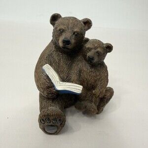 Bear & Cub Reading Book Resin Figurine, Brown/White/Blue, Small 3in